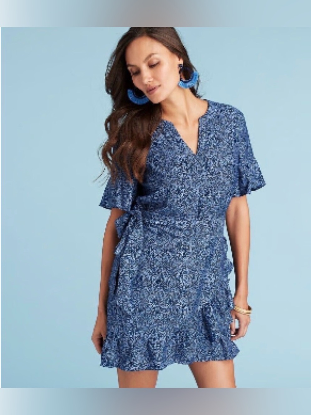 Vineyard Vines Silk Blend Dress Painted Shells Blue Floral Wrap Ruffle Women 00
